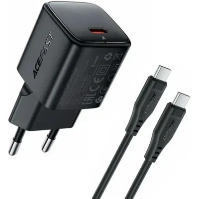 Зарядное устройство Acefast USB-C PD20W GaN + cable USB-C to USB-C black (6974316286509)