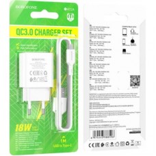 Зарядний пристрій BOROFONE USB QC3.0 + cable USB to USB-C 18 W white (6974443388596) - Фото