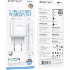 Зарядний пристрій BOROFONE USB-C PD20W + cable USB-C to USB-C white (6941991121371) - Фото
