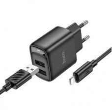 Зарядний пристрій HOCO C141A 2xUSB + cable USB to Lightning black (6942007627863) - Фото