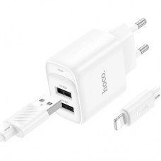 Зарядний пристрій HOCO C141A 2xUSB + cable USB to Lightning white (6942007627870) - Фото