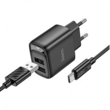 Зарядний пристрій HOCO C141A 2xUSB + cable USB to USB-C black (6942007627900) - Фото