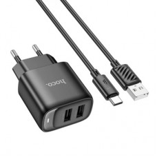 Зарядний пристрій HOCO C141A 2xUSB + cable USB to USB-C black (6942007627900) - Фото