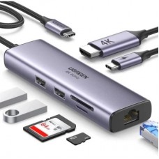 Концентратор Ugreen USB-C 6-in-1 2xUSB-A + 1xUSB-C PD100W + DisplayPort 4K60Hz + 1xRJ45 1000Mbps black (75643) - Фото