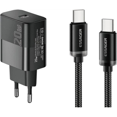 Зарядное устройство Essager USB-C PD20W + cable USB-C to USB-C 60W black (E20JSB1-SYTT1-T)