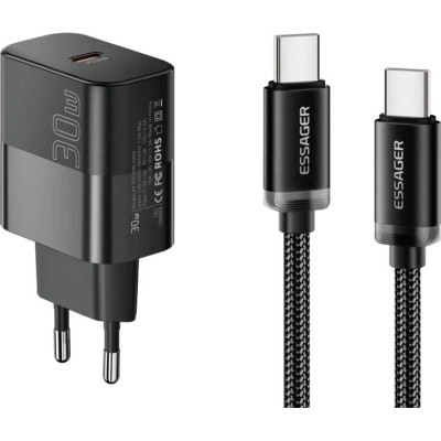 Зарядний пристрій Essager USB-C PD30W + cable USB-C to USB-C 60 W black (E30JSB1-SYTT1-T)