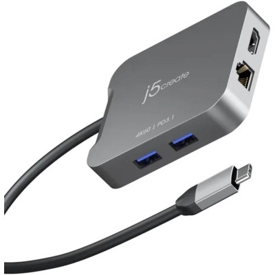 Концентратор J5create USB-C 5-in-1 1xHDMI + 1xUSB 3.2 + 1xUSB-C PD140W + 1xRJ45 1000Mbps gray (JCD3191-N)