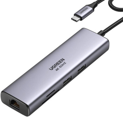 Концентратор Ugreen USB-C 7-in-1 2xUSB 3.0 + HDMI 4K60Hz + RJ45 + SD/TF + PD 100W gray (90568)