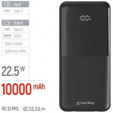 Батарея универсальная ColorWay 10 000 mAh DigiPower PD/22.5W, QC/4.0, Black (CW-PB100LP01BK) - Фото