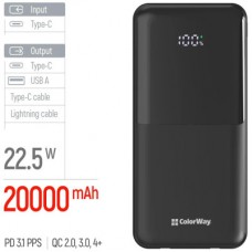 Батарея универсальная ColorWay 20 000 mAh DigiPower PD/22.5W, QC/4.0, Black (CW-PB200LP01BK) - Фото