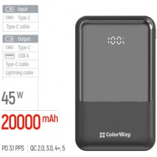 Батарея універсальна ColorWay 20 000 mAh DigiPower PD/45W, QC/4.0, Black (CW-PB200LP04BK) - Фото