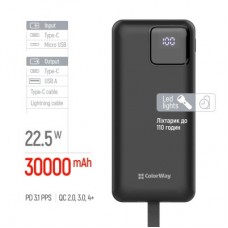 Батарея универсальная ColorWay 30 000 mAh EnergyHub PD/22.5W, QC/4.0, Black (CW-PB300LP05BK) - Фото
