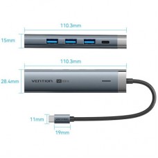 Концентратор Vention USB-C 5-in-1 3xUSB 3.0 + HDMI 4K60Hz + USB-C PD100W gray (TGMHB) - Фото