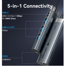 Концентратор Vention USB-C 5-in-1 3xUSB 3.0 + HDMI 4K60Hz + USB-C PD100W gray (TGMHB) - Фото