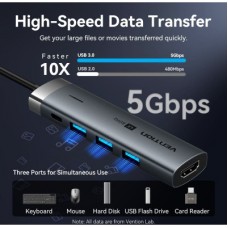 Концентратор Vention USB-C 5-in-1 3xUSB 3.0 + HDMI 4K60Hz + USB-C PD100W gray (TGMHB) - Фото