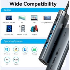 Концентратор Vention USB-C 5-in-1 3xUSB 3.0 + HDMI 4K60Hz + USB-C PD100W gray (TGMHB) - Фото