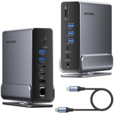 Концентратор Vention USB-C 15-in-1 2xHDMI + DisplayPort + RJ45 + SD/TF + 3.5mm gray (TPUH0) - Фото