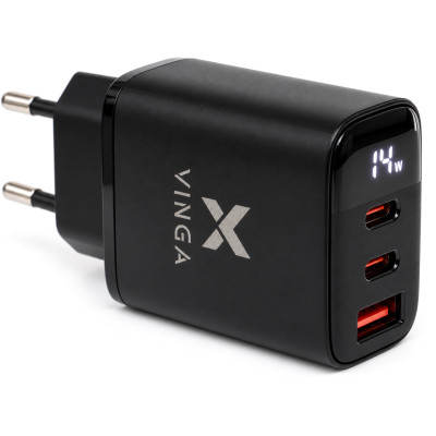 Зарядний пристрій Vinga 2xUSB-C + USB-A Display 45 W (VCR45ACCDB)