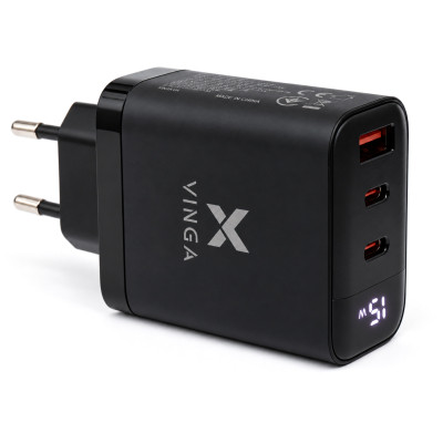 Зарядний пристрій Vinga 2xUSB-C + USB-A Display 65 W (VCR65ACCDB)