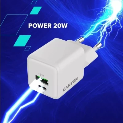 Зарядний пристрій Canyon CU20AC GaN 20 W 1xPD 1xQC EU White (CNS-CUW20AC) - Фото