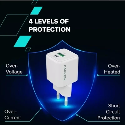 Зарядний пристрій Canyon CU20AC GaN 20 W 1xPD 1xQC EU White (CNS-CUW20AC) - Фото