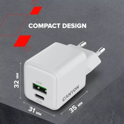 Зарядний пристрій Canyon CU20AC GaN 20 W 1xPD 1xQC EU White (CNS-CUW20AC) - Фото