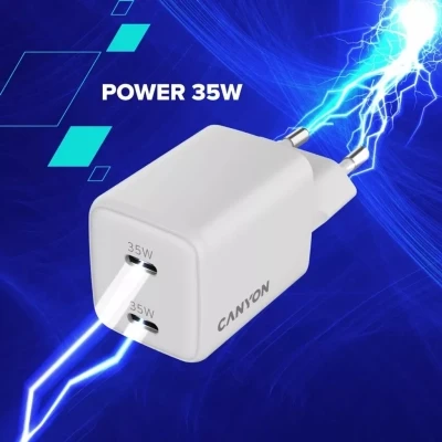 Зарядний пристрій Canyon CU35CC GaN 35 W 2xPD EU White (CNS-CUW35CC) - Фото