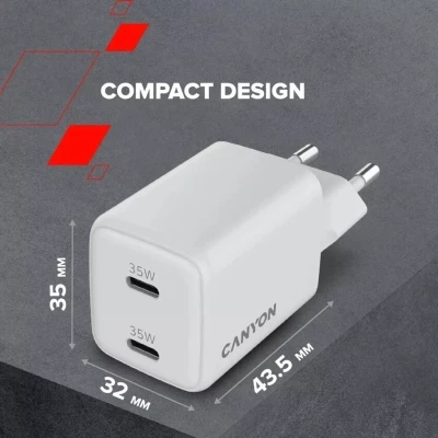 Зарядний пристрій Canyon CU35CC GaN 35 W 2xPD EU White (CNS-CUW35CC) - Фото