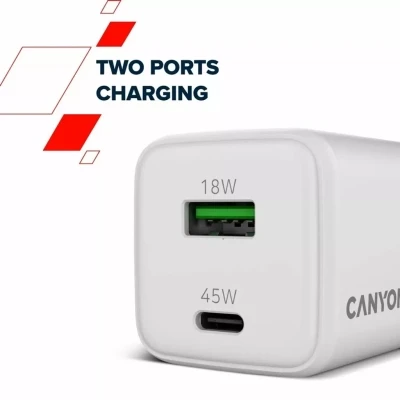 Зарядний пристрій Canyon CU45AC GaN 45 W 1xPD 1xQC EU White (CNS-CUW45AC) - Фото