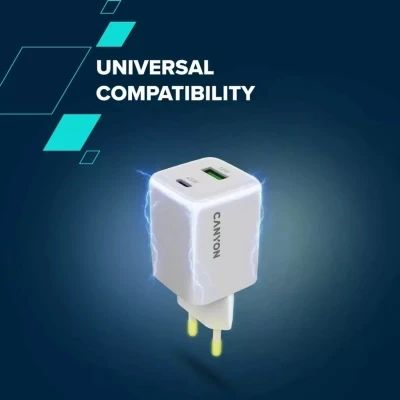 Зарядний пристрій Canyon CU45AC GaN 45 W 1xPD 1xQC EU White (CNS-CUW45AC) - Фото