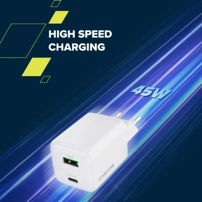 Зарядний пристрій Canyon CU45AC GaN 45 W 1xPD 1xQC EU White (CNS-CUW45AC) - Фото