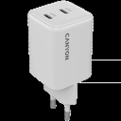 Зарядний пристрій Canyon CU45CC GaN 45 W 2xPD EU White (CNS-CUW45CC) - Фото