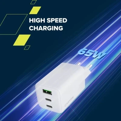 Зарядний пристрій Canyon CU65ACC GaN 65 W 2xPD 1xQC EU White (CNS-CUW65ACC) - Фото