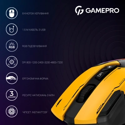 Мышка GamePro GM300Y USB Yellow/Black (GM300Y) - Фото