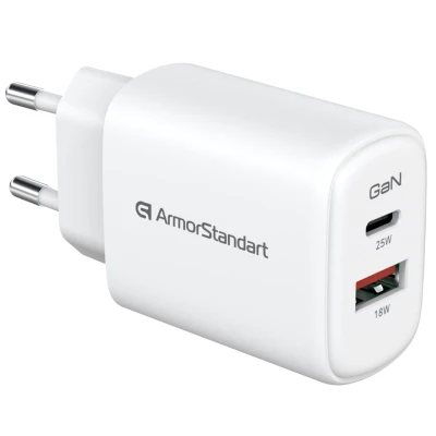 Зарядное устройство Armorstandart 1xUSB-C + 1xUSB 25W GaN white (ARM89532) Зарядное устройство Armorstandart 1xUSB-C + 1xUSB 25W GaN white (ARM89532)